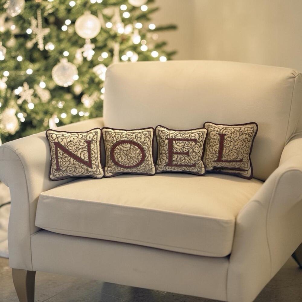 Noel Mini Pillows Small Burgundy Green Gold 6" Tapestry Christmas Set of 4 Mini